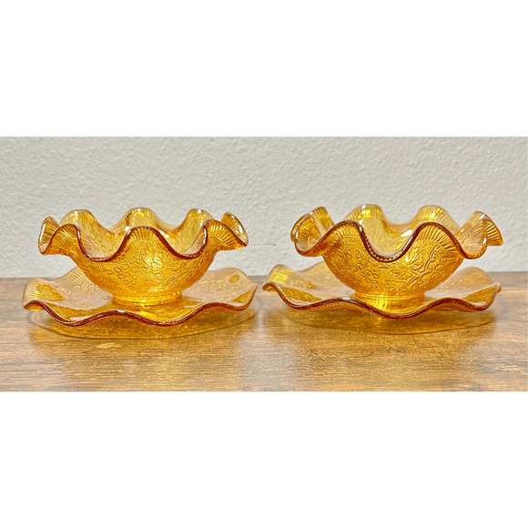 Vtg Set Amber Ruffled Fluted Marigold Fenton Depression Glass w/ Under Plates - Picture 1 of 14
